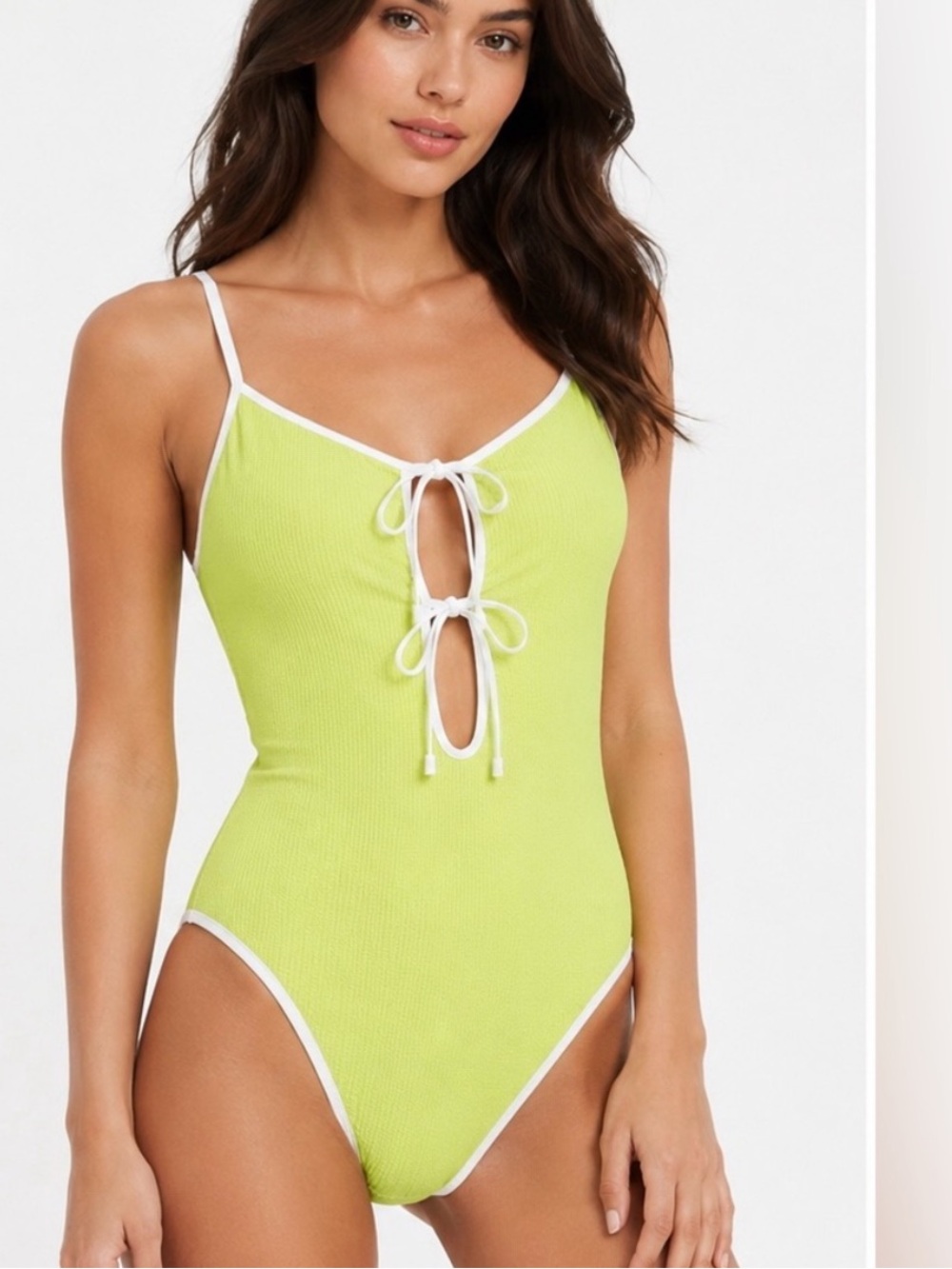 Sanctuary NWT XL Lime Ribbed Tie-Front KEYHOLE One-Piece Swimsuit